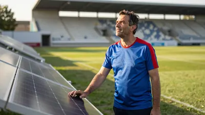 A 35-year-old male club groundsman in a plain blue and red striped training top made of polyester, with a rugged build...